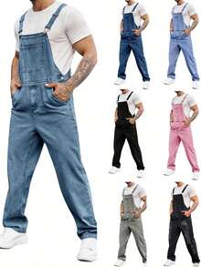 Runcati Men's Denim Bib Overall Jean Romper Trousers Adjustable Strap Workwear Slim Fit Jumpsuit - Màu xanh denim - Xem 1