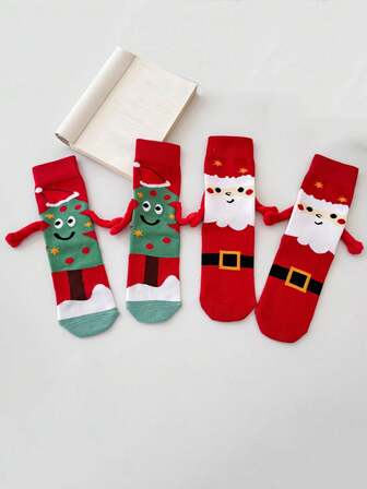 Calcetines de moda con diseño de manos entrelazadas, calcetines navideños de dibujos animados, calcetines largos de media pantorrilla con imán como regalo