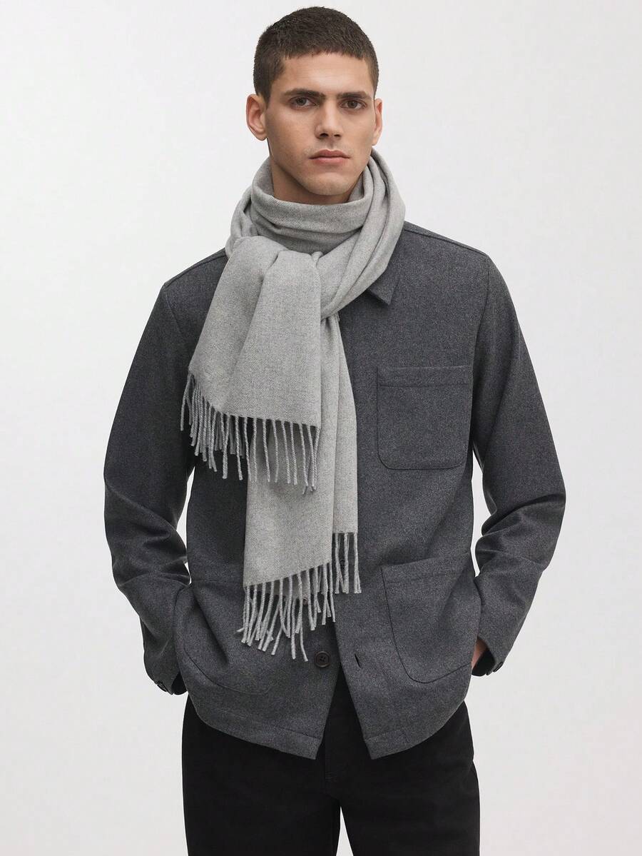 1pc Classic Herringbone Pattern Fringed Solid Color Cashmere Scarf, Unisex Fashion Casual Windproof Warm Shawl, Comfortable Blanket Scarf, Suitable For Daily Wear, Autumn/Winter