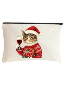 Cute Christmas Cat Holding A Red Wine Cosmetic Bag - A Cat Wearing A Christmas Hat And A Flowery Coat, A Multifunctional Storage Bag With Exquisite Printing And Unique Design, Suitable For Digital Bags, Hairdressing Bags, Swimming Bags,Bedroom Room Decor,Back To School - Multicolor - View 17