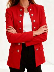 Women's Simple And Elegant Double-Breasted Button-Front Blazer - Women's Work Jacket. Stylish Long-Sleeved Jacket With Office-Style Faux Pockets. Black Polyester Jacket With Flap Pockets. - Red - View 2