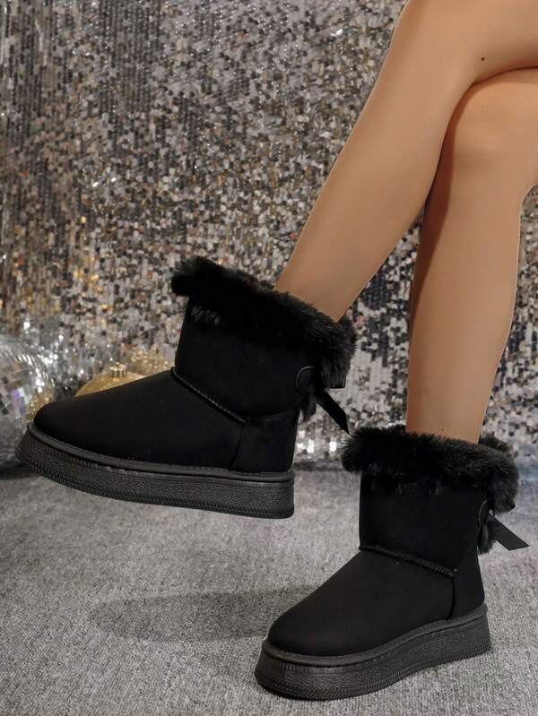 Botas de nieve de suela gruesa con lazo de unicolor y 2025, botas cortas de invierno para mujer con forro de felpa grueso para fiestas/uso casual, botas de algodón con forro polar para uso diario/esquí al aire libre con suela antideslizante