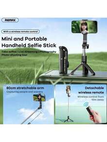 REMAX P16 Multi-Angle Phone Holder With Retractable Bluetooth Remote Control, Portable Design, Sturdy And Stable, Dual Fill Lights, Black - Black - View 3