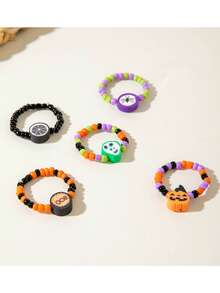5 Pieces /Set Halloween Pumpkin Beaded Ring Cartoon Fun And Funny Skull Spider Elastic Resin Ring Set
