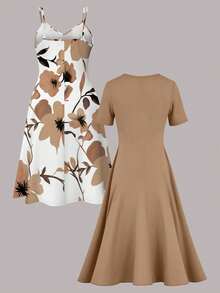 大码女士复古印花吊带连衣裙搭配纯色开衫，春夏两件套，优雅时尚 - 卡其色 - 查看 5