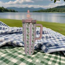 1pc,40 Oz H2.0 Cup,Camping Full Body Floral Pattern, 40oz Cup Stainless Steel Vacuum Insulated Tumbler With Lid And Straw For Water, Iced Tea Or Coffee, Smoothie And More, 40oz Reusable Double Walled Vacuum Insulated Stainless Steel Water Bottle With Handle For Outdoor Activities, ,  For Camping, Hiking, Can A Gift For Friends And Relatives - 40oz繁花粉 - 查看 6