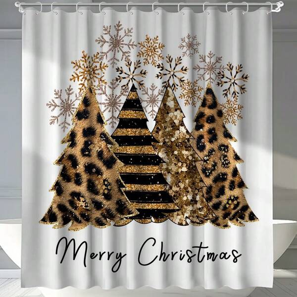 1 pièce Rideau de douche de Noël imprimé léopard avec étoile au sommet, motif flocon de neige, impression numérique minimaliste et luxueuse, résistant à la moisissure et à l'eau, 12 crochets en plastique et œillets en métal, accessoire de salle de bain robuste, convient pour la décoration de Noël à la maison