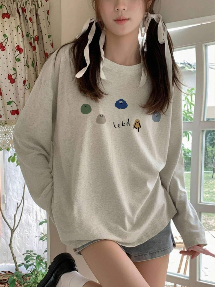 Women's Loose Fit Casual Cartoon Letter Print Long Sleeve Cotton T-Shirt, Spring/Autumn