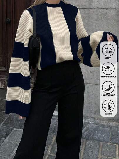 Fall And Winter Fashionable Elegant Navy Blue Stripe Long Sleeve Round Neck Sweater, Business Casual Work Outfits ,Regular Fit Simple Minimalist Style Casual Stripe Sweater For Women, Elegant Going Out Tops,Autumn Clothes For Women