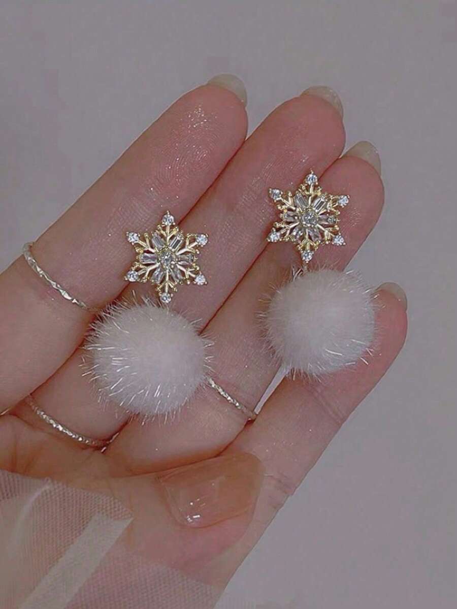 1 对优雅圣诞雪花绒球吊坠耳环，适合女性在任何场合佩戴，圣诞节礼物 - 彩色 - 查看 1
