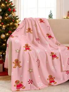 1 pieza Manta de franela con diseño de hombre de jengibre rosa navideño, bastón de caramelo, copos de nieve y lunares, 280 g/m², manta de tiro, manta para cama, tapiz, alfombra, resistente al desgaste, no suelta pelo, no se descascarilla, no se descolora, adecuada para decoración del hogar, las cuatro estaciones, decoraciones de invierno, decoración de dormitorio, artículos de decoración de habitación, decoración de sala de estar, manta de picnic, regalos para mejores amigos, cama.