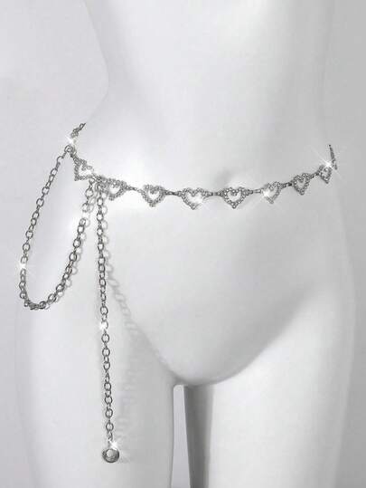 1 件时尚简约心形水钻装饰合金腰链，适合女士连衣裙