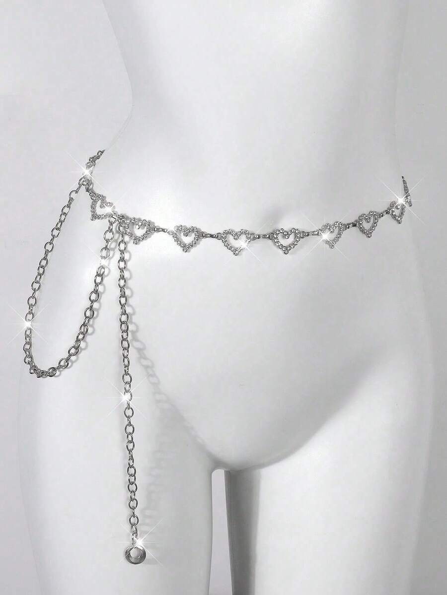 1 件时尚简约心形水钻装饰合金腰链，适合女士连衣裙