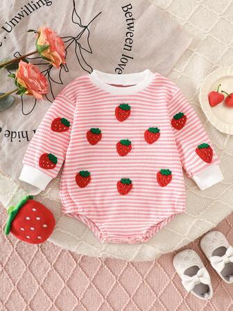 1pc Cute Pink Striped Baby Bodysuit With Strawberry Embroidery Long Sleeve Design, Comfortable For Baby Girls In Spring/Autumn