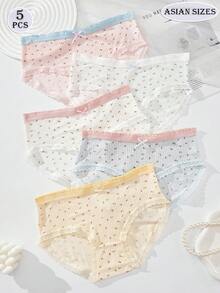 5 piezas de nuevas bragas de tiro medio con estilo triángulo imprescindibles para mujeres, con lazos impresos lindos y frescos, ribete de encaje, diseño puro y juvenil estilo estudiante japonés, tela cómoda, estilo dopamina, disponible en blanco, azul y rosa, ropa interior casual para mujeres, estilo minimalista.