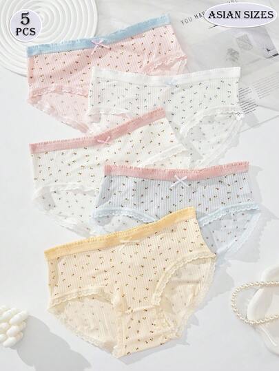 5 peças de calcinhas triangulares femininas de cintura média, imperdíveis, com laços estampados fofos e modernos, acabamento em renda, estilo estudante japonês, design puro e jovem, tecido confortável, estilo dopamina, disponível em branco, azul e rosa, roupa íntima feminina casual, estilo minimalista.