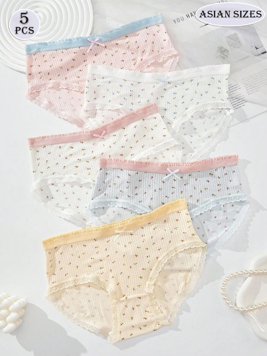 5 piezas de nuevas bragas de tiro medio con estilo triángulo imprescindibles para mujeres, con lazos impresos lindos y frescos, ribete de encaje, diseño puro y juvenil estilo estudiante japonés, tela cómoda, estilo dopamina, disponible en blanco, azul y rosa, ropa interior casual para mujeres, estilo minimalista.