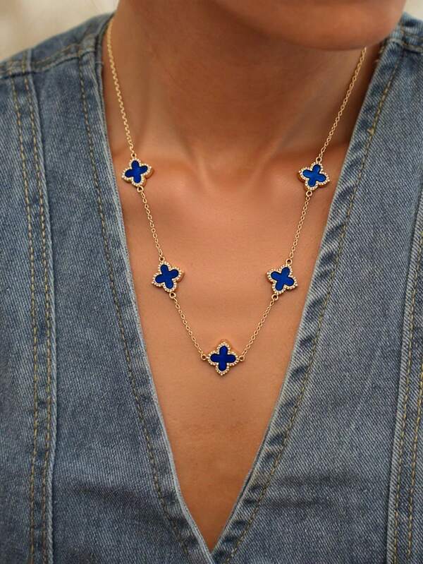 1 Summer Elegant Luxury Blue Fashionable Clover Decorative Necklace, Suitable For Women's Daily Wear, Mother's Day Gift, Beach, Vacation