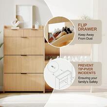 Slim 31.5" Fluted Shoe Storage Cabinet With 3 Flip-Down Compartments And Adjustable Shelf, Wooden Enclosed Shoe Rack, Freestanding Hidden Shoe Storage Organizer For Entryway And Hallway, Wood - Màu gỗ - Xem 4