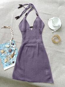 Yuwenier 女士性感优雅针织深V领露背镂空修身度假连衣裙，适合沙滩穿着 - 紫色 - 查看 4