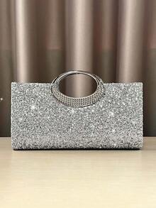 Spotlight Of The Evening: Silver Sequin Evening Bag With Metal Ring Handle, Shimmering Elegance For Your Party Look - Silver - View 6