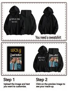 هودي مطبوع بصورة/نص مخصص للرجال، مقاس كبير، بلوزة رياضية كاجوال بغطاء للرأس، أسود