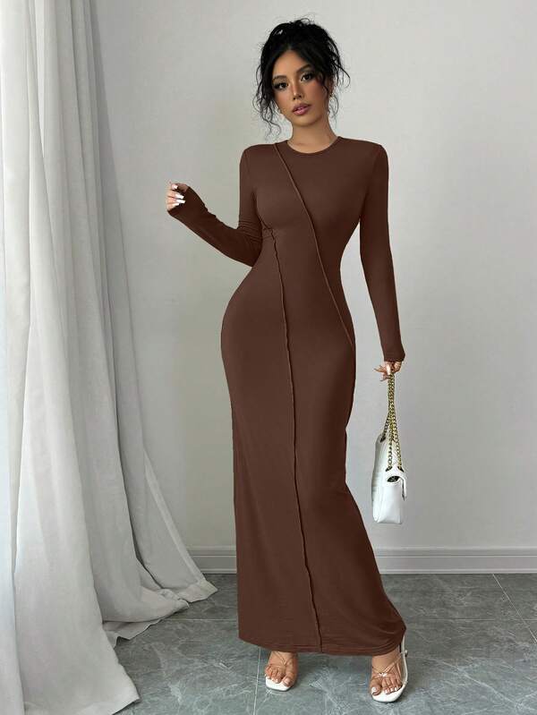 abyoxi Einfarbiges Kleid mit Nahtdetails, Schlitz und langem Fischgrät-Rock, lässig und sexy, geeignet für den Alltag, schlicht, modisch, für junge Frauen, Schulanfang, Herbst/Winter Kleidung für Damen