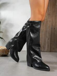 Stivali alti sopra il ginocchio da donna con tacco alto, stivali western retrò con punta affusolata e tacco largo