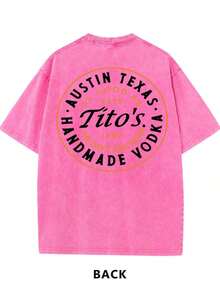 1pc230g Washed And Used T-Shirt, Front Tito's Handmade Vodka Logo, Back With "AUSTIN TEXAS Tito's HANDMADE Vodka" Circular Text And Brand Logo, Tito's Vodka Theme Graphic Tee Mens Clothes - Màu Hồng Tươi - Xem 3