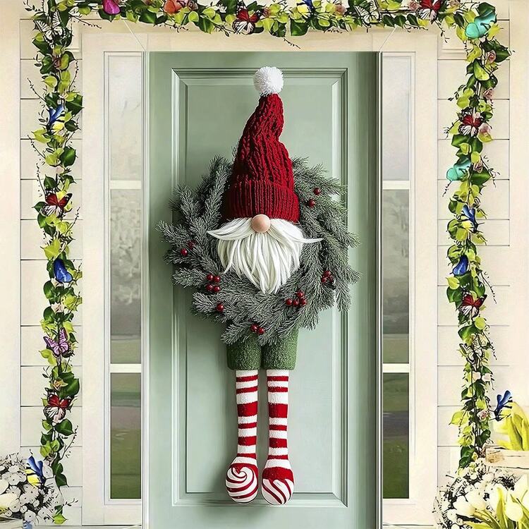 1個 クリスマスのこびと リース、リースとこびとの装飾が施されたクリスマススタイルのドアハンガー、ニット帽と縞模様のストッキング。クリスマス、自宅、オフィス、ドアの装飾、ホリデーハイライトに最適。クリスマスの装飾、新年の装飾、ハロウィンの装飾にも。 - マルチカラー - 見る 5