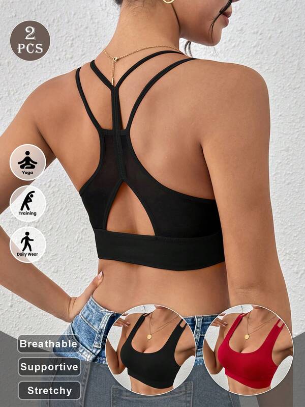 LianShengFa 2pcs Seamless Mesh Patchwork Ribbed U-Neck High Stretch Sports Bra, Removable Pads Fitness Crop Top, Soft Comfortable Breathable Criss-Cross Back Yoga Bra
