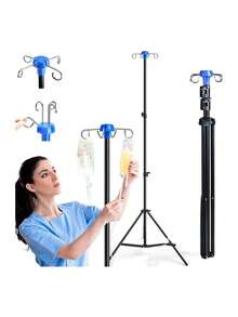 Soporte portátil de piso para varillas de infusión IV, varilla de infusión IV ajustada de altura plegable con 4 ganchos - Negro - Ver 1