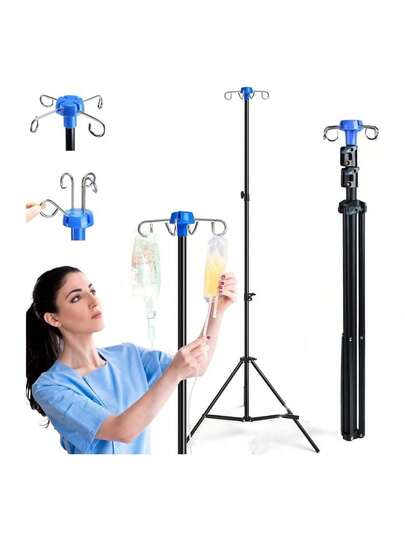 Soporte portátil de piso para varillas de infusión IV, varilla de infusión IV ajustada de altura plegable con 4 ganchos