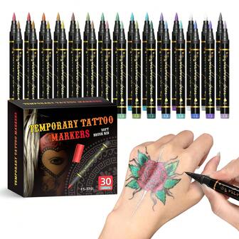 15/30 色临时纹身笔，适合皮肤，可水洗金属纹身贴纸，弹性身体 MarkeSafe 面部彩绘套装，适合儿童和成人，多用途 - 非常适合生日派对、孕妇肚皮彩绘、万圣节服装、成人或儿童人体艺术纹身、运动面部彩绘、小丑化妆、角色扮演