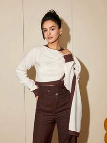 Women's Contrast Color Patchwork Long Sleeve Crew Neck Stylish Short Sweater - Multicolor - View 4