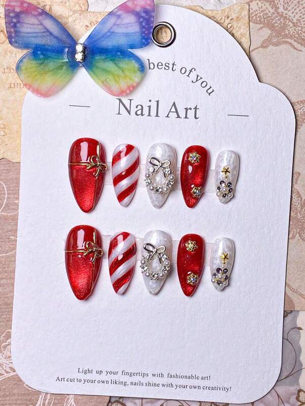 10 peças de unhas postiças artesanais, unhas postiças, unhas curtas, unhas francesas, unhas vermelhas, unhas douradas, unhas brancas, unhas azuis, unhas de Natal, unhas fofas, decoradas com flocos de neve dourados e enfeites em cruz na superfície da unha, árvores de Natal artesanais com diamantes empilhados e elementos de flocos de neve, vêm com ferramentas para nail art, adequadas para unhas postiças em formato de amêndoa de mulheres e meninas.