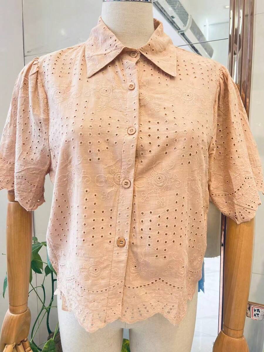 Women's Embroidered Linen Shirt With Short Sleeves/E076 - Màu Khaki - Xem 1