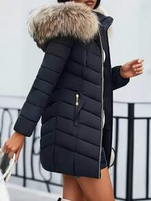 2025新款冬季女士羽绒服，中长款修身加厚冬装外套，带毛领，高端女士派克大衣 - 黑色 - 查看 2