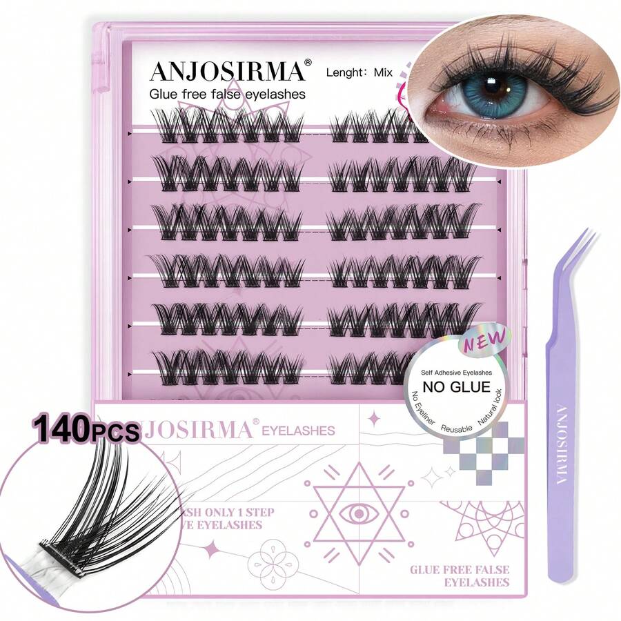 [Estilo caliente] Kit de pestañas individuales autoadhesivas con base de gelatina ANJOSIRMA, fácil aplicación de maquillaje con pinzas (120 grupos) - Pestañas Ojos de Gato - Ver 1
