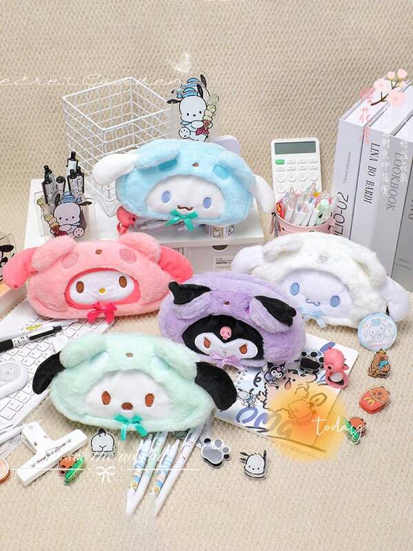 Sanrio 1pc Sanrio Plush Pencil Case, Large Capacity Cute Cartoon Design, Zipper Stationery Storage Bag, Durable Polyester Material, Suitable For School And Office Supplies, The Best Item For Students To Store Stationery, Cute Character Design, School Stationery Storage Box, Gifts For Family And Friends, Halloween And Christmas Gifts