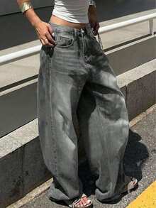 Teen Girls' Casual Everyday Commute Loose Fit Wide Leg Plain Denim Jeans