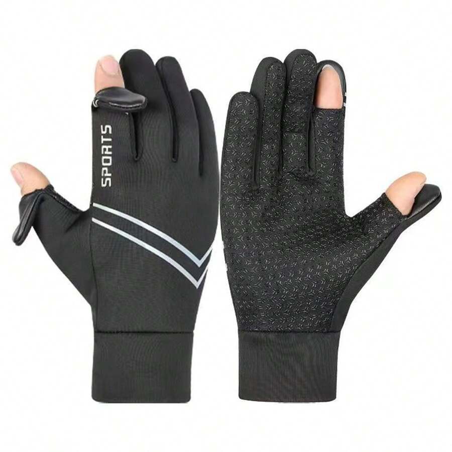 1 Pair Winter Outdoor Cycling Two-Finger Flip-Top Gloves - Black - View 1