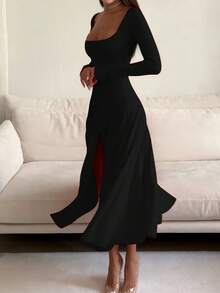Rochie midi elegantă, fără mâneci, de înaltă calitate, cu strângere în talie, rochie mulată cu guler, spate racer, rochie evazată în formă de A, culoare solidă, pentru femei - Negru - Vizualizare 5