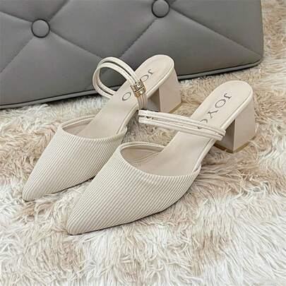 Punta puntiaguda, puntera, tacón medio, sandalias de tacón grueso, medias zapatillas, ropa exterior de tela transpirable de verano para mujer