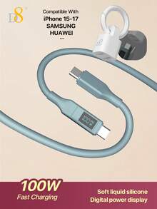 D8 100W 硅胶数字显示 USB-C 数据线 | 超快充电和数据传输二合一 | 数字屏幕实时显示充电状态和功率 | 柔软硅胶材质，抗紫外线，耐磨损，3 英尺长，适合家庭/办公室使用 | 兼容 17/16/15 Pro Max/Air、iPad Pro/Air/Mini | 也兼容三星 S24/S23/S22、14/13、Xperia 和所有安卓手机 - 彩色 - 查看 16