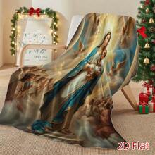 1pc High Quality Flannel Blanket Virgin Mary With Baby Jesus Religious Print White Single Side Printed Blanket For Home Decor Halloween Decoration Christmas Decoration Bohemian Style Retro Curtain All Season Decor Festival Gift Machine Washable - White - View 3