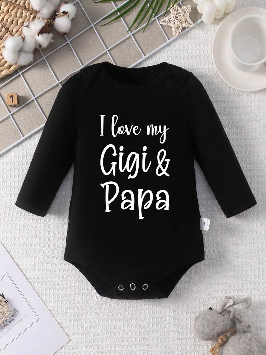 100% Cotton Baby Jumpsuit With "I LOVE MY GIGI & PAPA" Letter Print, Casual Versatile Round Neck Long Sleeve Triangle Jumpsuit, For Spring/Autumn/Winter Wear - màu đen - Xem 1