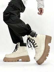 SLnU3 3pcs Men's Fashion High-Quality Casual Thick-Sole Elevated Boots, Dopamine Color, Minimalist Design, Punk Hip-Hop British Street Style, Versatile For All Seasons - White - View 3