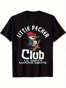 Men'S Little Club Graphic T-Shirt - Humorous Bird Design, Breathable, Casual Short Sleeve, Black With Colorful Lettering, All-Season Comfort, Casual Wear  Playful Design  Fabric Shirt - 黑色 - 查看 1