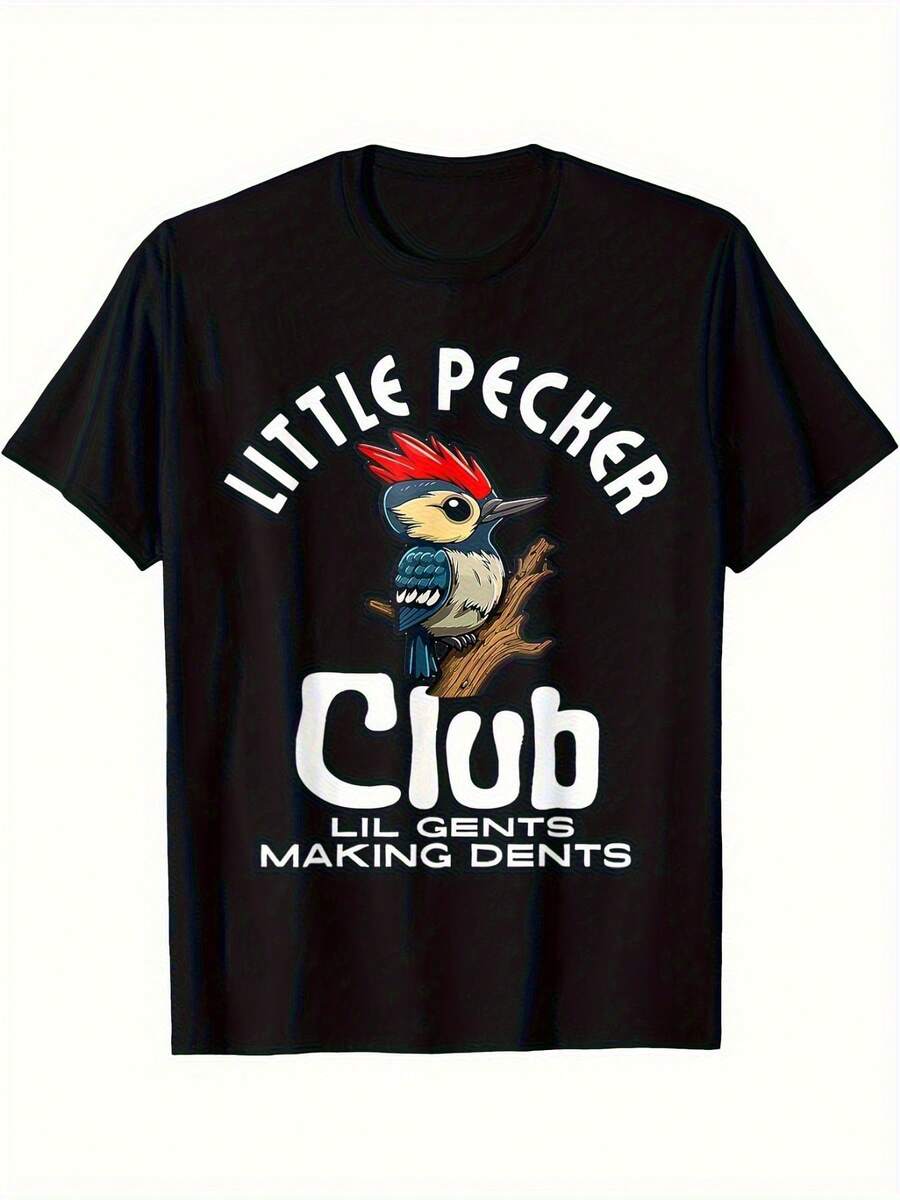 Men'S Little Club Graphic T-Shirt - Humorous Bird Design, Breathable, Casual Short Sleeve, Black With Colorful Lettering, All-Season Comfort, Casual Wear  Playful Design  Fabric Shirt - 黑色 - 查看 1